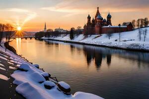 de zon sets over- de Moskou rivier- in winter. ai-gegenereerd foto