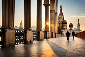 de zon is instelling over- de het kremlin en st basilicum kathedraal. ai-gegenereerd foto