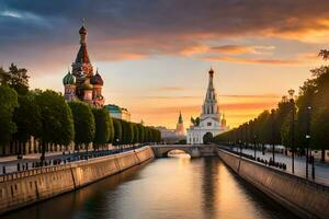 de het kremlin en de Moskou rivier- Bij zonsondergang. ai-gegenereerd foto