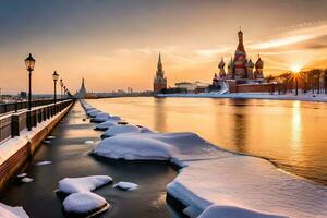 de zon sets over- de Kremenchug rivier- in Moskou, Rusland. ai-gegenereerd foto