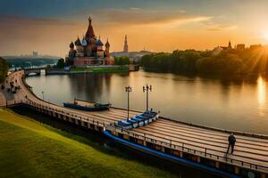 de zon sets over- Moskou, Rusland. ai-gegenereerd foto