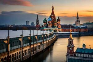 de het kremlin en de Moskou rivier- Bij zonsondergang. ai-gegenereerd foto