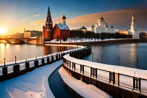 de het kremlin en de rivier- Moskou, winter, winter, winter, winter, winter,. ai-gegenereerd foto