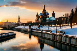 de zon sets over- Moskou, Rusland. ai-gegenereerd foto