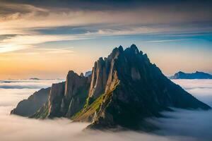 een berg reeks is gezien in de wolken. ai-gegenereerd foto