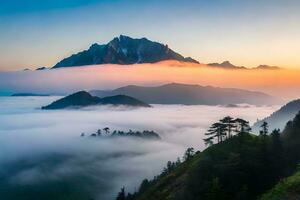 een berg reeks met bomen en mist in de achtergrond. ai-gegenereerd foto