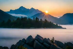 de zon stijgt over- de bergen en mist in deze foto. ai-gegenereerd foto