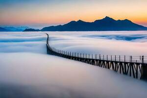 een brug over- de wolken in de bergen. ai-gegenereerd foto