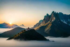 de zon stijgt over- een berg reeks met mist. ai-gegenereerd foto