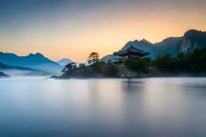 een pagode zit Aan de kust van een meer Bij zonsopkomst. ai-gegenereerd foto