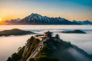 de zon stijgt over- de bergen en mist in China. ai-gegenereerd foto