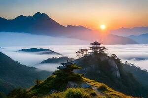 de zon stijgt over- een berg reeks met een pagode Aan top. ai-gegenereerd foto