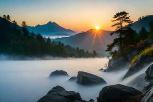 een mooi zonsopkomst over- een berg rivier- met mist en rotsen. ai-gegenereerd foto
