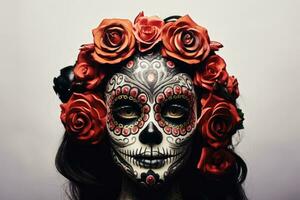 dia de los muertos. dag van de dood. vrouw met suiker schedel bedenken Aan wit achtergrond. ai gegenereerd foto