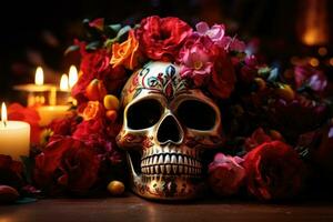dag van de dood viering achtergrond met suiker schedel, calaverita, goudsbloemen bloemen, ai gegenereerd foto