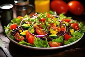 gezond groente salade van vers fruit, groen, spinazie, sla en sesam Aan bord. ai gegenereerd foto