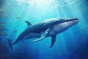 een gebochelde walvis Toneelstukken in de buurt de oppervlakte in blauw water, ai gegenereerd foto