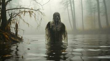 Aan een de winter dag, een eenzaam figuur staat in de in mist gehuld meer omringd door torenhoog bomen en van de natuur wild schoonheid, ai generatief foto