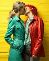 twee jong Dames, stijlvol gekleed in jassen en jassen, staan tegen een muur omarmen Met passie met hun haar- wild en vrij, ai generatief foto