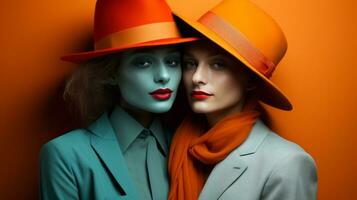 twee elegant Dames houding in levendig rood en oranje fedora's, uitstralend vertrouwen en maken een mode uitspraak net zo ze staan tegen de muur, ai generatief foto