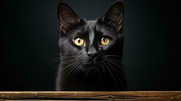 een donker, mysterieus zwart kat met helder, nieuwsgierig geel ogen staart uit van de schaduwen, haar bakkebaarden spiertrekkingen net zo het wacht haar De volgende avontuur, ai generatief foto