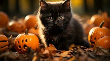 Aan halloween nacht, een mysterieus zwart kat lounges De volgende naar een oranje pompoen, symboliseert de verbinding tussen dieren en de natuurlijk wereld, ai generatief foto