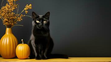 een mysterieus zwart kat zit zachtjes tussen een feestelijk halloween tafereel van een mollig pompoen en levendig bloem, oproepen tot gevoelens van comfort en warmte, ai generatief foto