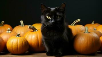 Aan een stil halloween nacht, een mysterieus zwart kat collega's in de huiselijk gloed van een kalebas gevuld tafel, creëren een griezelig nog uitnodigend atmosfeer, ai generatief foto