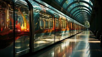 de licht van de platform weerspiegelt uit de glinsterend trein, verhelderend de enorm ondergronds stad en creëren een uitnodigend atmosfeer voor allemaal, ai generatief foto