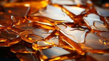 een glinsterende goud en amber licht verlicht een abstract samenstelling van gebroken glas, oproepen tot een zin van breekbaar schoonheid en vredig chaos, ai generatief foto