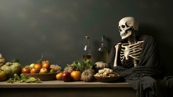 een skelet zittend Aan een tafel met voedsel en flessen, ai generatief foto