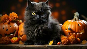 een mysterieus zwart kat lounges naast een premie van levendig gekleurd pompoenen, oproepen tot een grillig zin van halloween vreugde, ai generatief foto