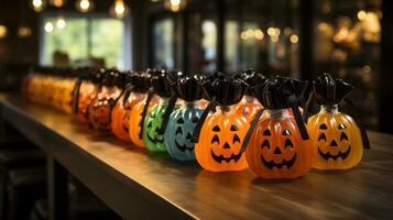 Aan een donker halloween nacht, een rij van levendig plastic pompoenen brengt een plons van kleur en een herinnering van van de natuur premie naar een anders griezelig binnen- tafereel, ai generatief foto