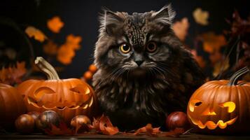 Aan een knapperig herfst dag, een tevreden kat lounges tussen een lap van levendig pompoenen, belichamen de geest van halloween en vieren de overvloed van van de natuur premie, ai generatief foto