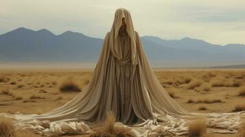 een persoon in een wit gewaad in een woestijn met atacama woestijn in de achtergrond, ai generatief foto