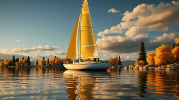 net zo de zon reeksen, de reflectie van een majestueus zeilboot drijvend Aan de kalmte meer water glinstert in de lucht, wenkende avonturiers naar nemen uit Aan een reis van exploratie en vervoer, ai generatief foto