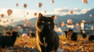 een zwart kat staat hoog temidden van de wild gras, haar blik geboeid door de levendig lucht gevulde met kleurrijk heet lucht ballonnen, ai generatief foto