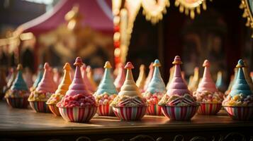 een levendig rangschikking van cupcakes weergegeven Aan een tafel creëren een grillig binnen- souvenir naar genot en inspireren, ai generatief foto