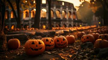 Aan een knapperig herfst avond, een feestelijk verzameling van gesneden pompoenen siert de buitenshuis, uitnodigend trick-or-treaters naar genieten in de vreugde van de seizoen, ai generatief foto