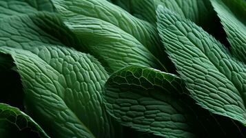 een detailopname van een levendig groen blad onthult de ingewikkeld schoonheid van natuur, haar delicaat curves en randen markeren haar uniek kruiden complexiteit, ai generatief foto
