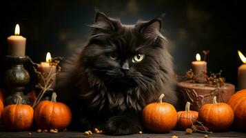 een knus kaars verlicht tafereel van een aanbiddelijk kat knuffelen omhoog De volgende naar een stapel van levendig oranje pompoenen, creëren een warm en uitnodigend atmosfeer perfect voor een halloween viering binnenshuis, ai generatief foto