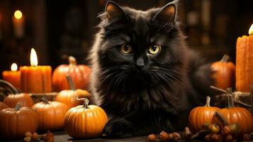 een ondeugend zwart kat lounges tussen een verscheidenheid van levendig pompoenen, verlichte door de flikkeren licht van een kaars, creëren een knus atmosfeer voor een magisch halloween nacht binnenshuis, ai generatief foto
