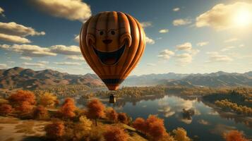 een heet lucht ballon met een gezicht Aan het in berg pieken en meer, ai generatief foto