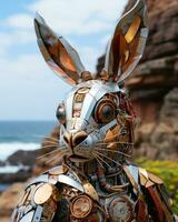 Aan een wild, rotsachtig strand, een robot konijn staat trots, vervelend elegant kleding en uitstralend een aura van avontuur, ai generatief foto
