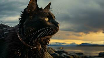 een zwart kat met een halsband koestert zich in de zon, neergestreken boven een wolk in de enorm lucht, haar bakkebaarden spiertrekkingen met verwachting van een wild avontuur verder haar wildste katachtig dromen, ai generatief foto