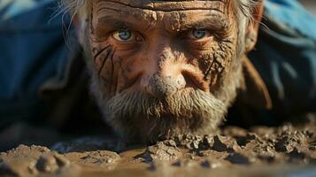 een portret van een oud Mens met een dik snor en rimpels kreuken zijn huid, zijn gezicht aangekoekt in modder, vangt de wild schoonheid van de mensheid staand tegen de hard buitenshuis grond, ai generatief foto