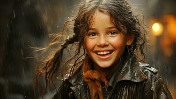 een jong vrouw staat glimlachen in de regenen, haar jas en winter kleding een levendig portret van vreugde en weerstand, ai generatief foto