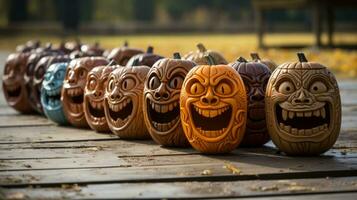 een houten rij van minutieus gesneden pompoenen, glinsterend in de gouden licht van val, oproepen een gevoel van vreugde en opwinding voor de aanstaande halloween festiviteiten, ai generatief foto