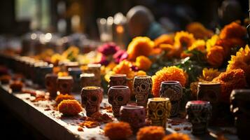 een levendig Scherm van schedels en bloemen siert de tafel, uitnodigend kijkers naar overwegen de contrasterend schoonheid en breekbaarheid van leven in een enkel, boeiend tafereel, ai generatief foto