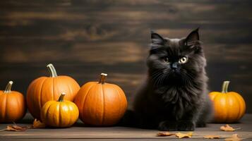 Aan een knapperig herfst dag, een nieuwsgierig kat neergestreken boven een stapel van levendig oranje pompoenen, neergestreken tegen een backdrop van majestueus kalebassen en squash, vieren de aankomst van halloween, ai generatief foto